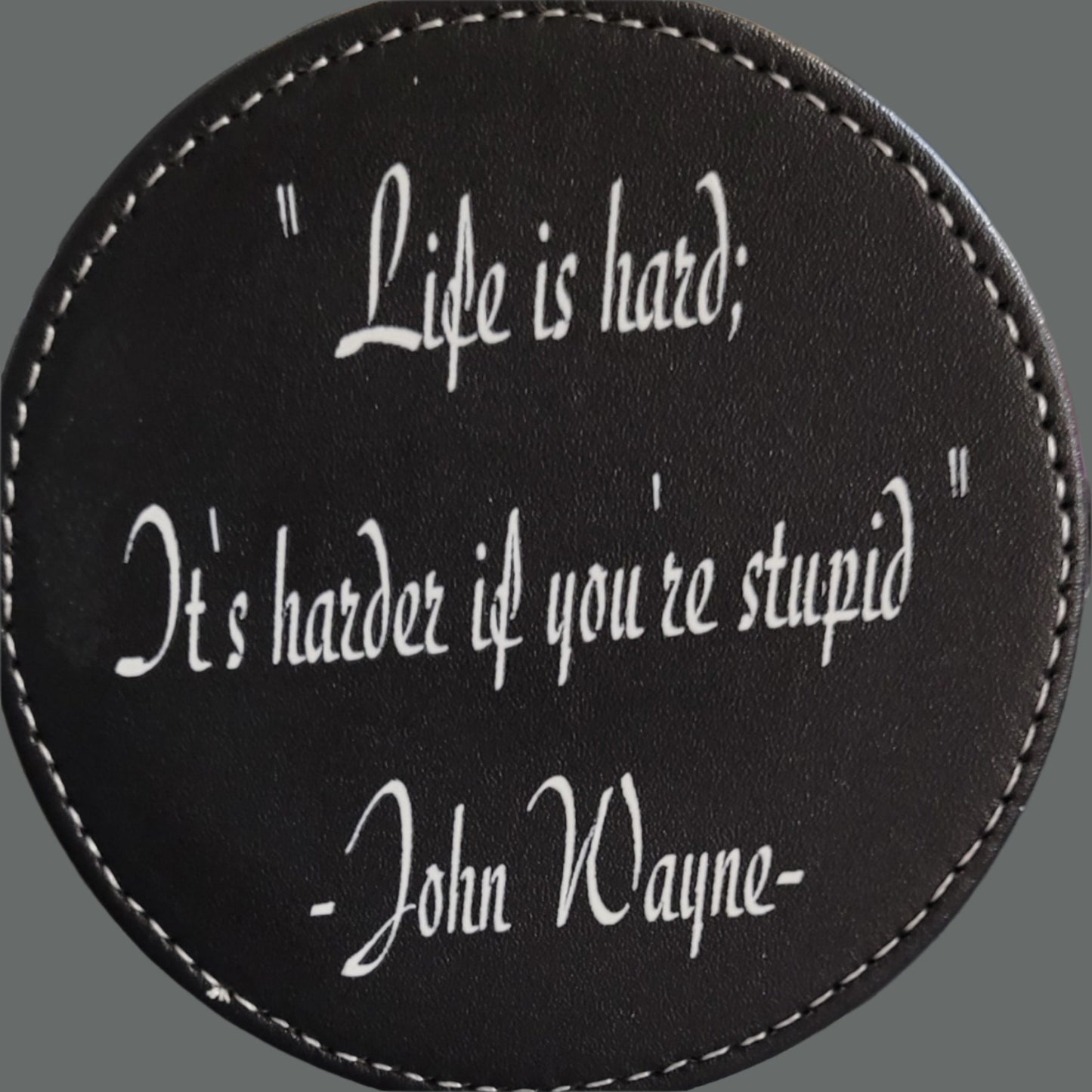 3.75 inch round black leather coaster