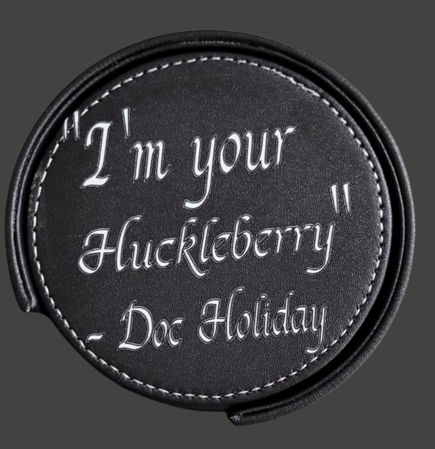 3.75 inch round black leather coaster
